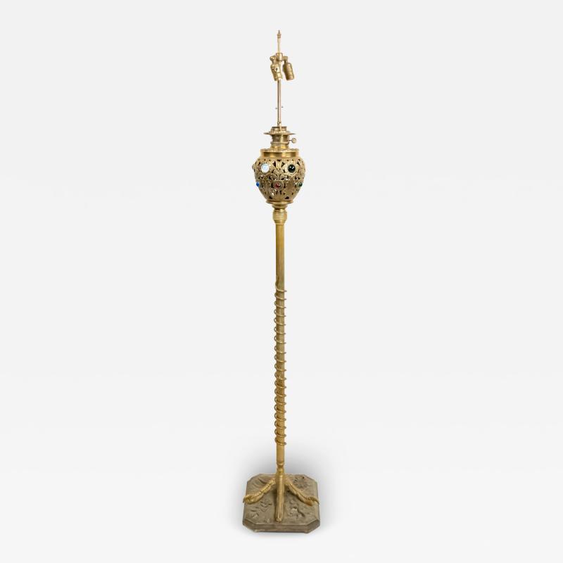 American Victorian Zoomorphic Brass Jeweled Floor Lamp
