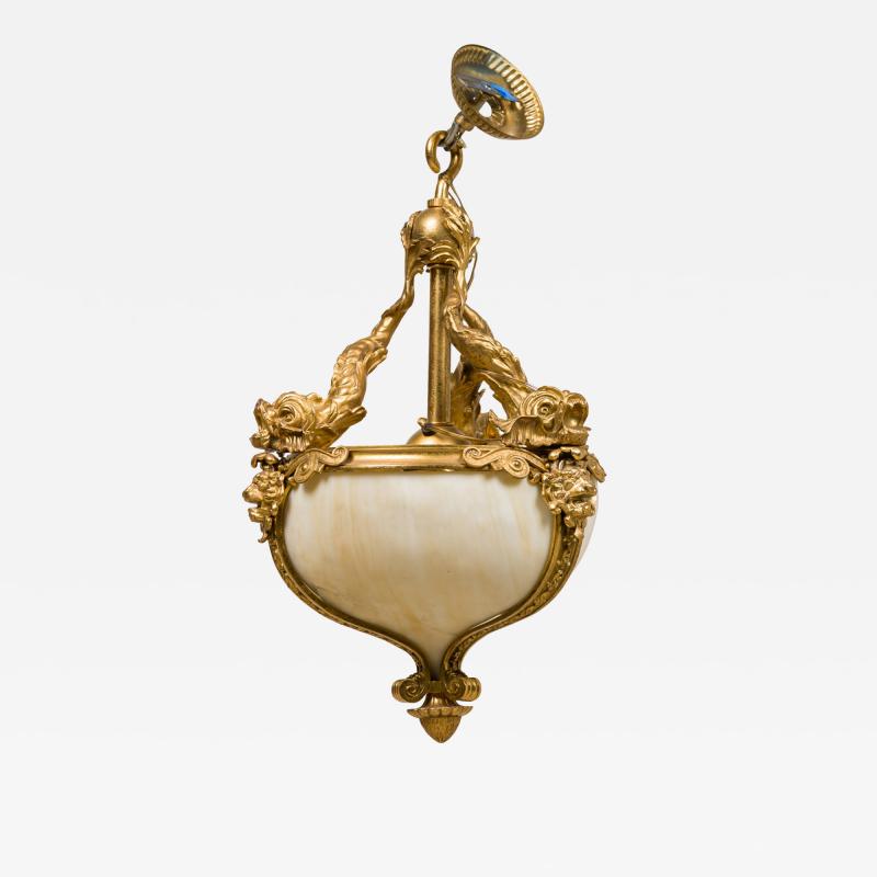 American Victorian bronze dore hanging lantern with 3 dolphins