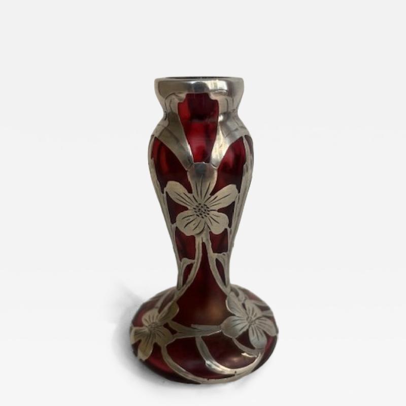 American Victorian cranberry glass and silver overlay bud vase