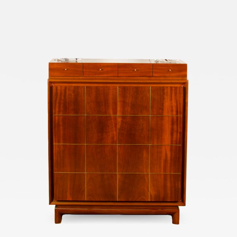 American of Martinsville Walnut Mid Century high chest with brass inlay 1960 
