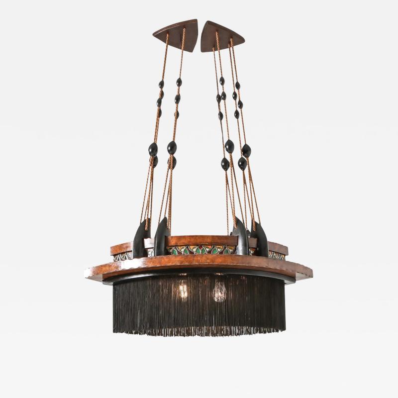 Amsterdam School Chandelier in Ebony Carved Wood Glass in Lead and Silk