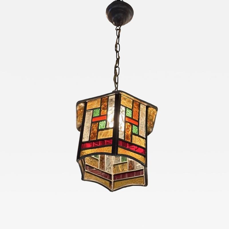 Amsterdam School Hexagonal Leaded Glass Chandelier Holland circa 1925