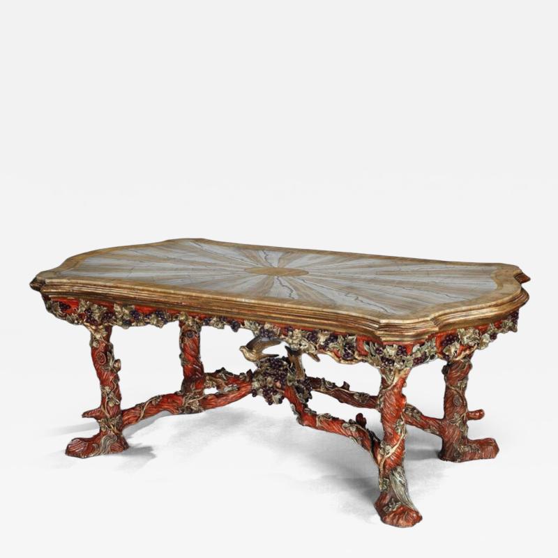 Amulet Bertoni Outstanding Italian Carved Wood Polychrome Centre Table With Onyx Top