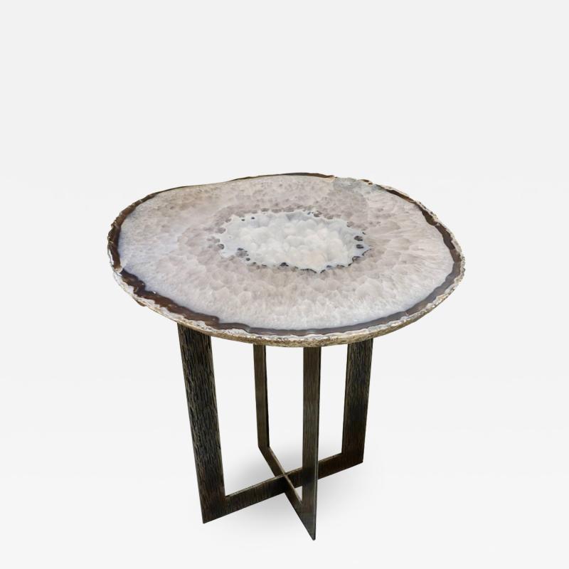 Amy Zook Moonscape Silver Agate Table on Custom Hand Chased Steel Base by Amy Zook