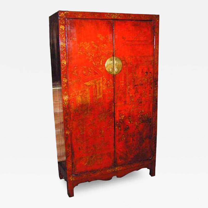 An 18th Century Chinese Export Red Lacquered Chinoiserie Armoire