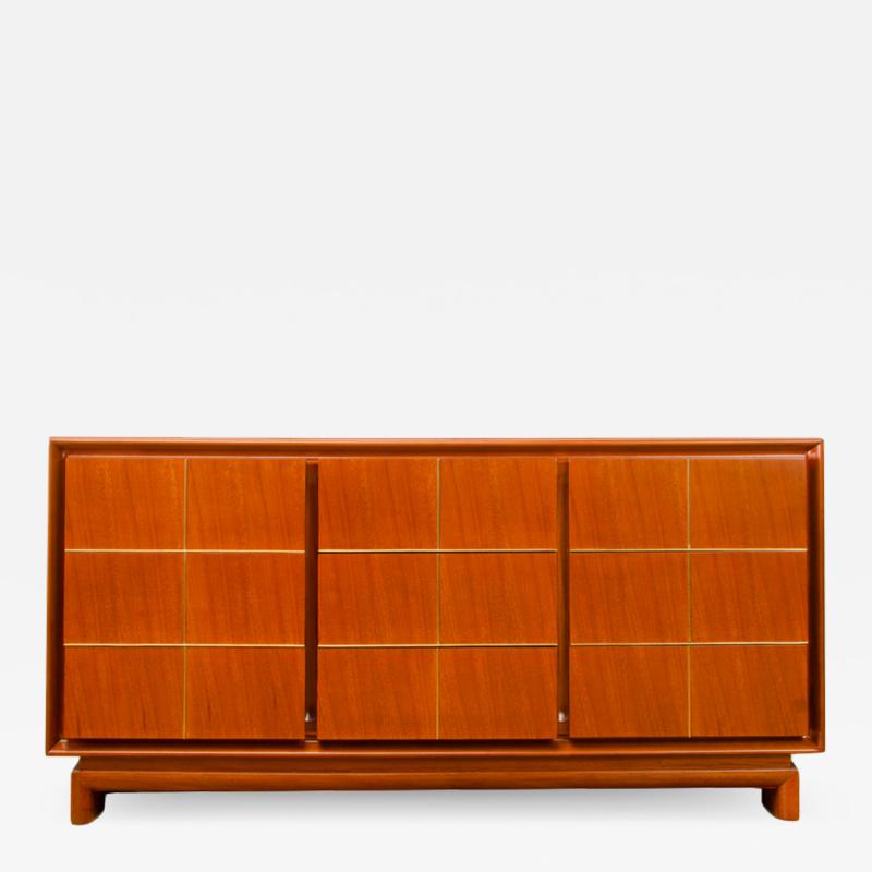 An American of Martinsville walnut mid century credenza with brass inlay 1960 