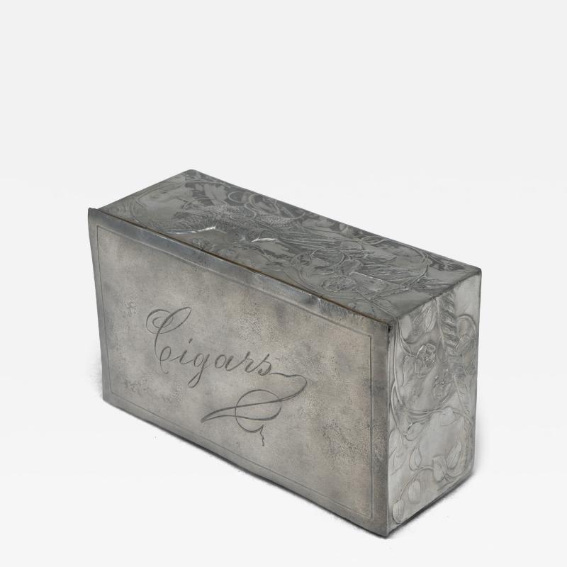 An Art Nouveau Continental Pewter Cigar Box W Cedar Lining Decor of Pheasant