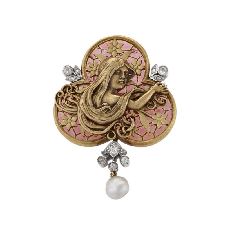 An Art Nouveau Plique A Jour Diamond and Pearl Brooch