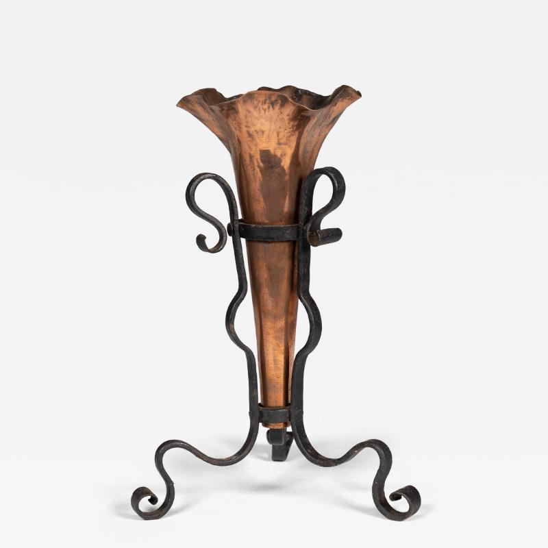 An Arts Crafts Copper Hand Wrought Iron Conical Flower Vase