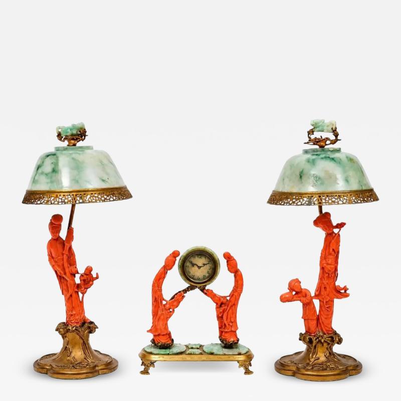 An Exceptional Edward I Farmer Jade and Coral Clock Garniture with Lamps
