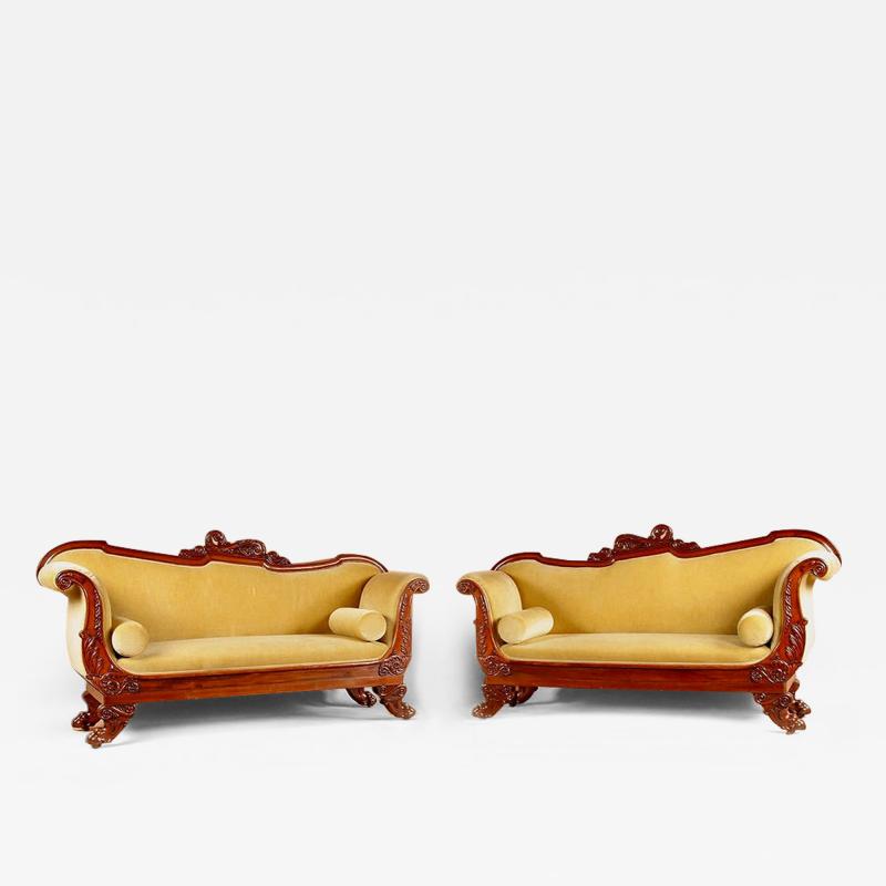 An Exceptional Pair Of Small Mahogany French Italian Sofa s