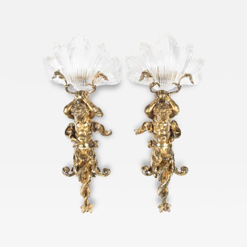 An Exceptional Pair of Ormolu Glass Triton Wall Lights by Lerolle of Paris
