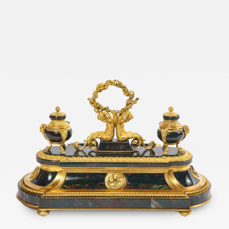 An Exquisite and Rare French Louis XVI Style Ormolu Mounted Bloodstone Inkwell