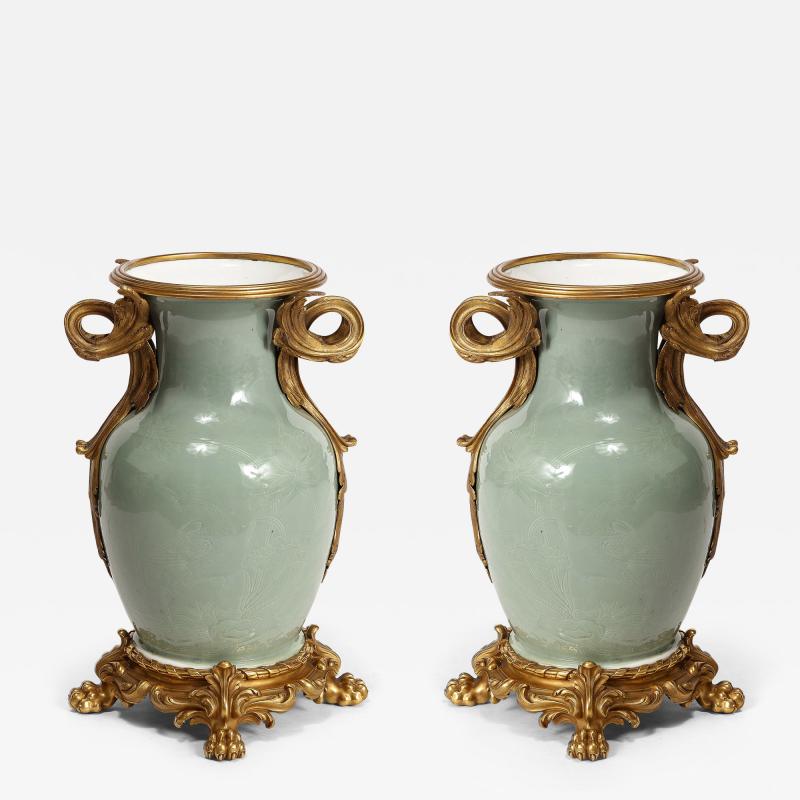 An Important Pair of French Ormolu Mounted Chinese Celadon Glazed Urns