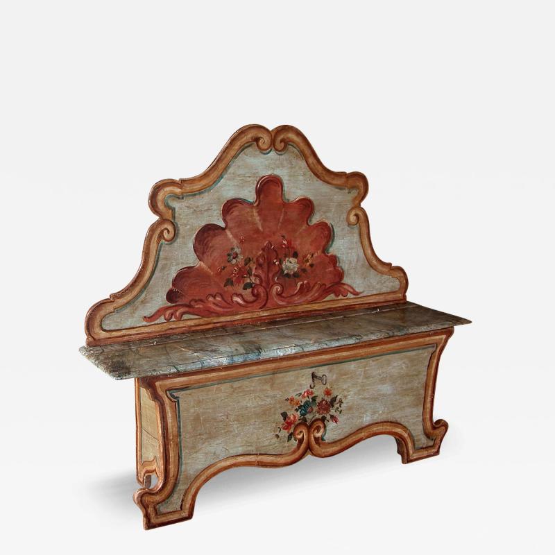 An Italian Baroque Style Hand painted Pine Highback Blanket Bench
