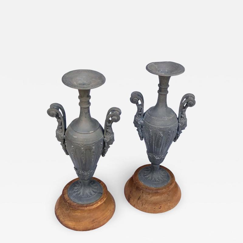 An Pair of French Louis XVI Style Double Handled Spelter Metal Urns