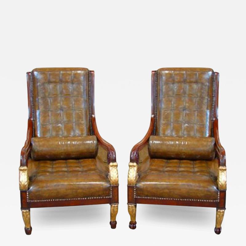 An Unusual Harlequin Pair of Italian Empire Mahogany and Parcel Gilt Armchairs