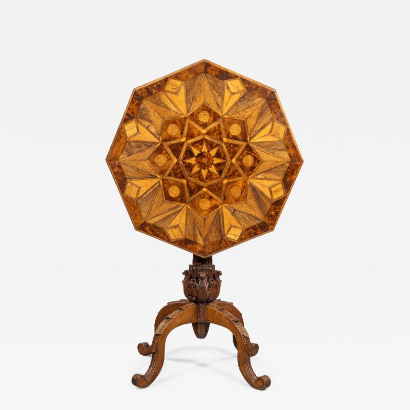 An octagonal indigenous specimen wood marquetry table