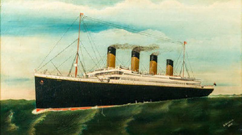 An original oil painting by D Beagles of the Titanic at full steam