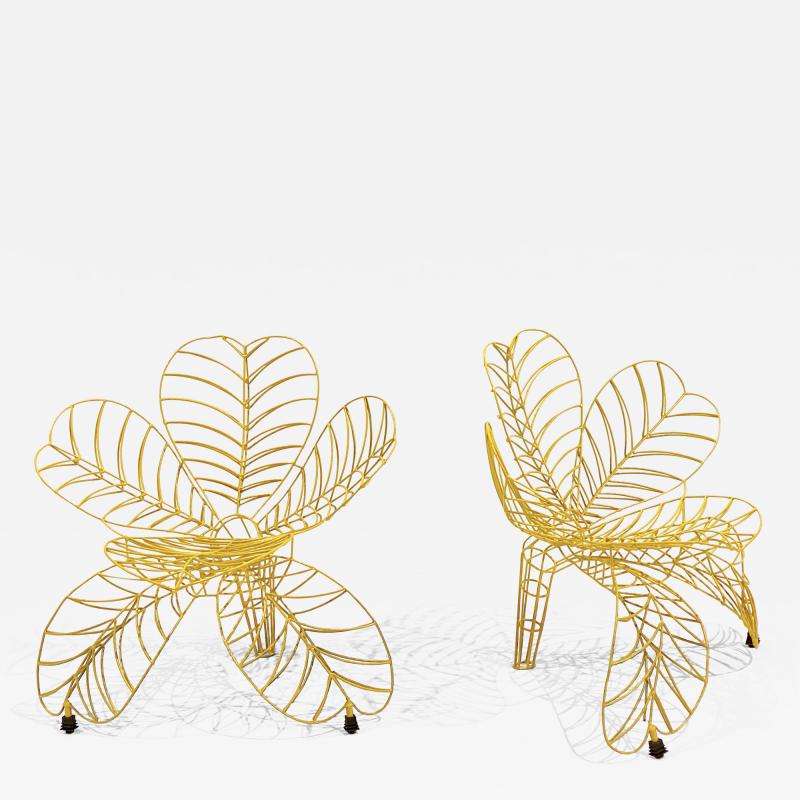 Anacleto Spazzapan 1990s Spazzapan Italian Pop Art Pair of Yellow Metal Flower Armchairs Sculptures