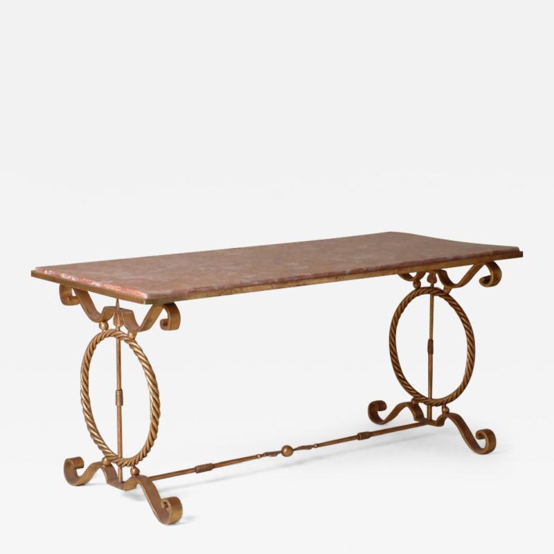 Andr Arbus 1940s Andre Arbus Style Gilt Forged Iron Coffee Table with Original Marble Top