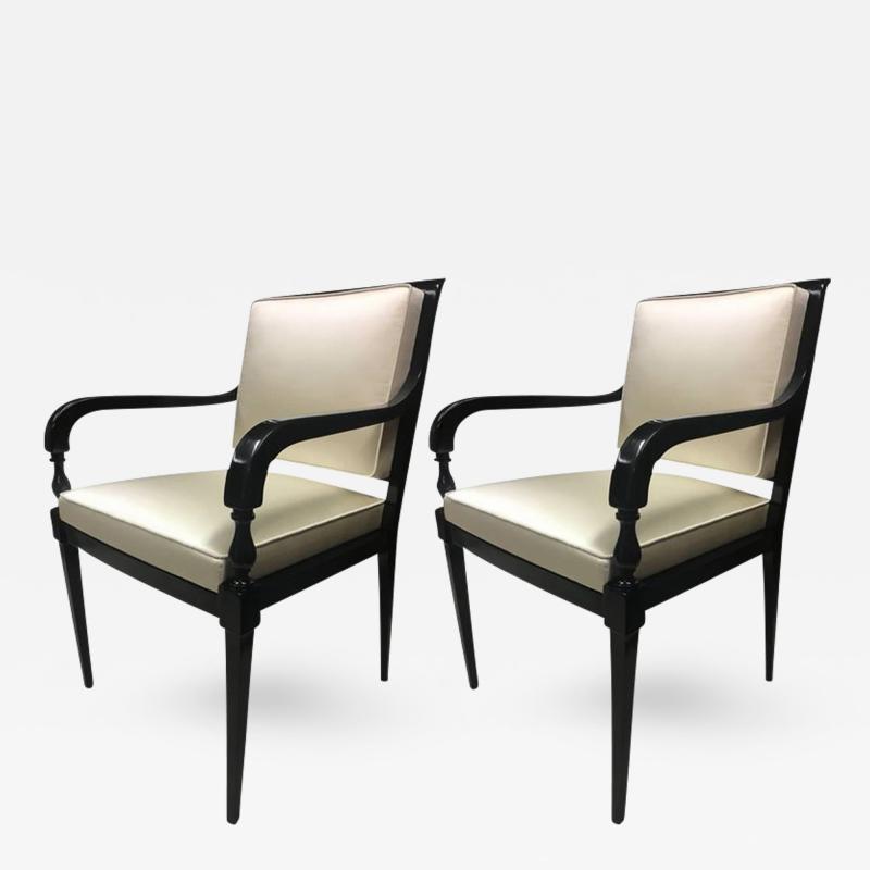 Andr Arbus Andre Arbus Pair of Chic Neoclassic Black Lacquered Wood Chairs Covered in Silk