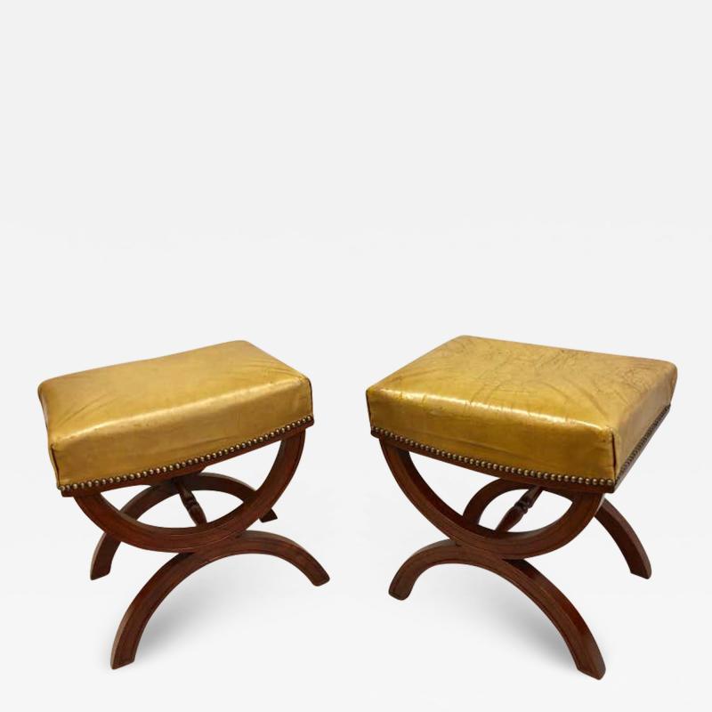 Andr Arbus French Modern Neoclassical Mahogany Leather Benches Stools Andre Arbus Pair