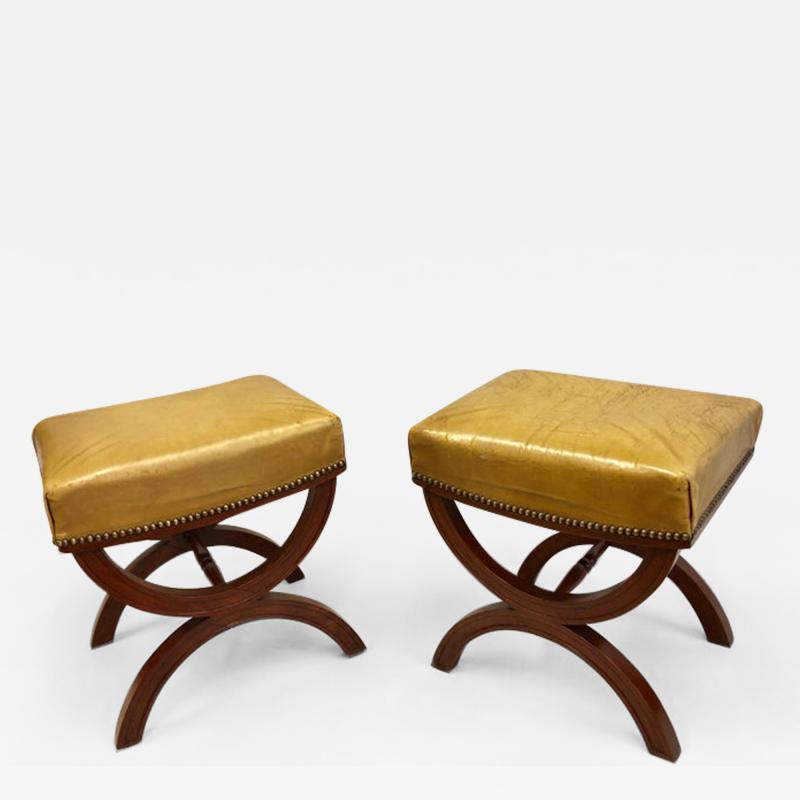 Andr Arbus French Modern Neoclassical Mahogany Leather Benches Stools Andre Arbus Pair