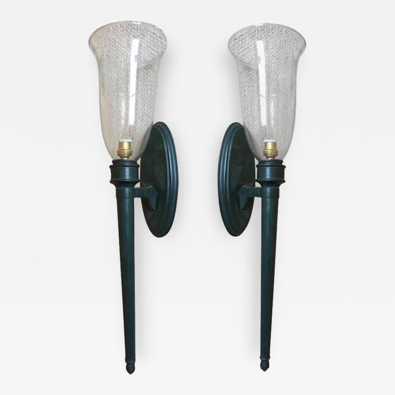 Andr Arbus Pair of Chic 1940s Sconces with a Green Antic Patina in the Style of Andre Arbus