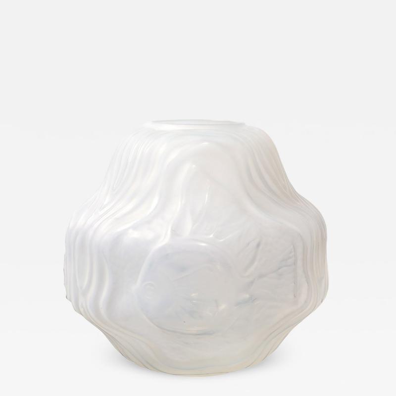 Andr Hunebelle Art Deco Molded Frosted Glass Vase with Aquatic Motif by Andr Hunebelle