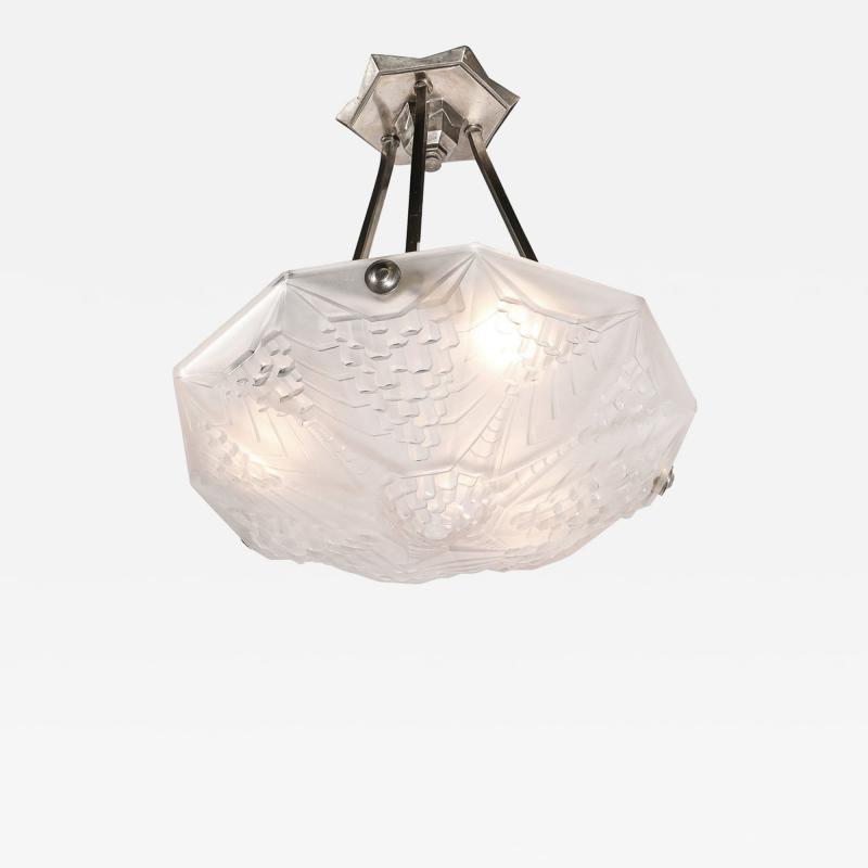 Andr Nuet Art Deco Skyscraper Style Frosted Glass Pendant signed Andr Nuet for Schneider