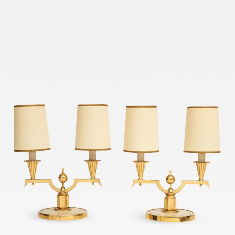 Andre Domin ELEGANT PAIR OF ART DECO BRASS AND PARCHMENT TABLE LAMPS BY GENET MICHON