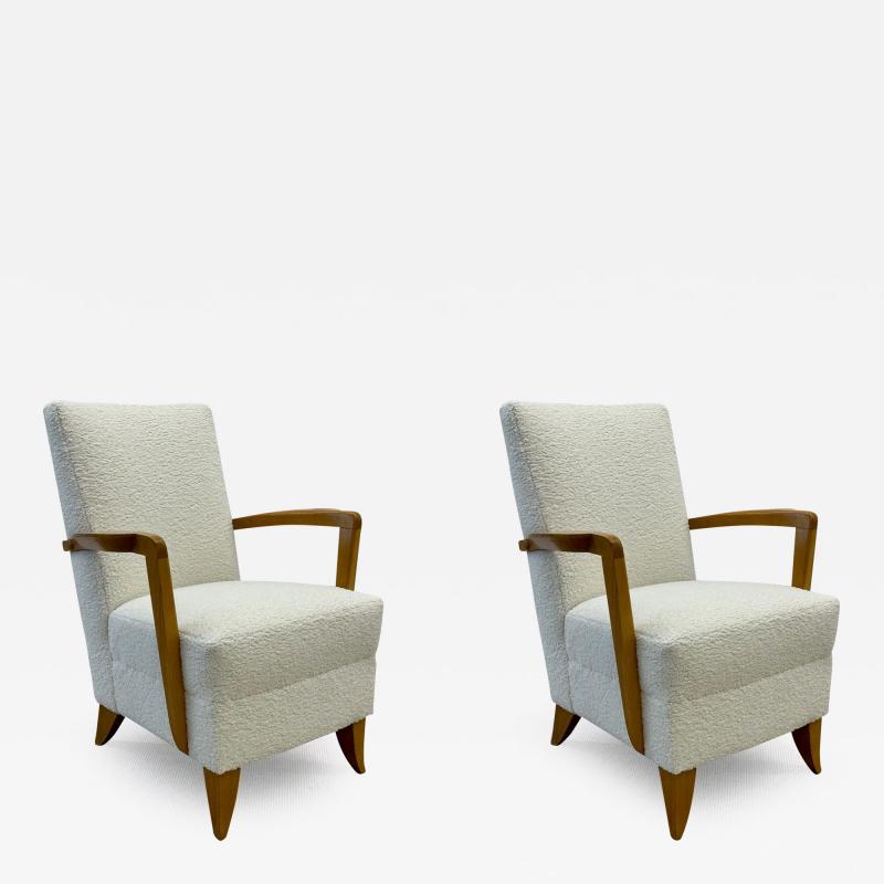 Andre Domin Pair Mid Century French Art Deco Arm Lounge Chairs by Maison Dominque Boucle