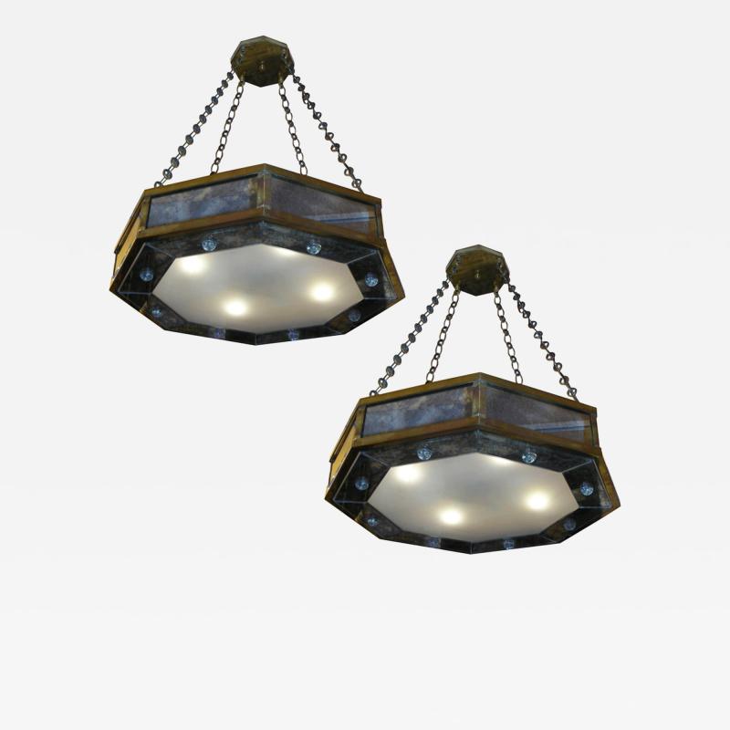 Andre Hayat Andr Hayat pair of octagone chandelier in bronze and eglomis mirror