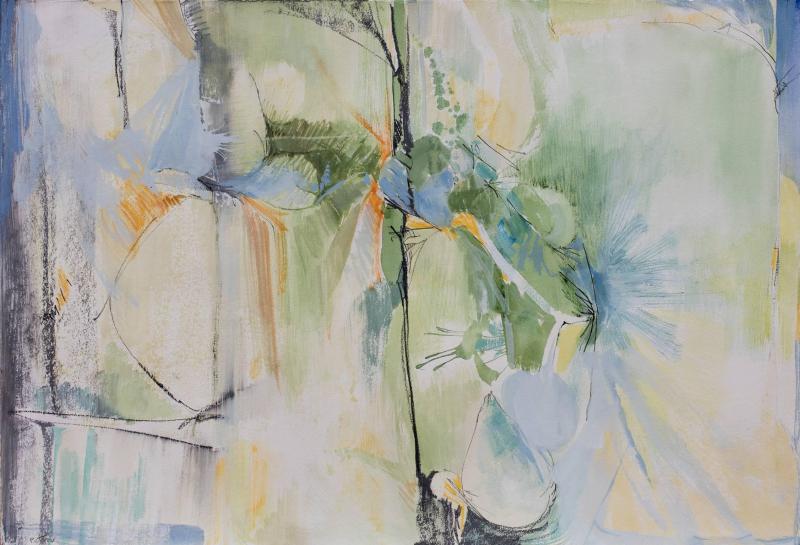 Andrei Petrov Elusive Question Ink and Watercolor Drawing on Paper in Green and Blue Colors