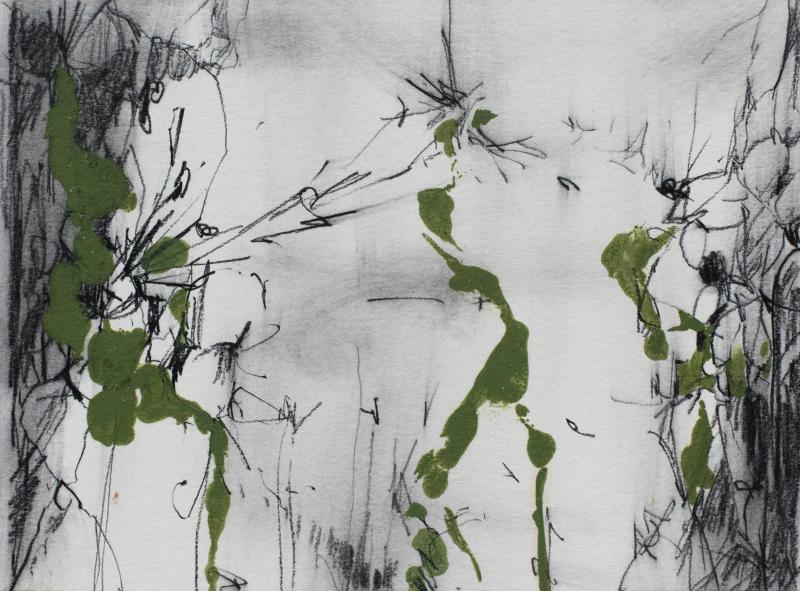 Andrei Petrov Safe Flight Ink and Watercolor Abstract Painting With Green and Gray Colors