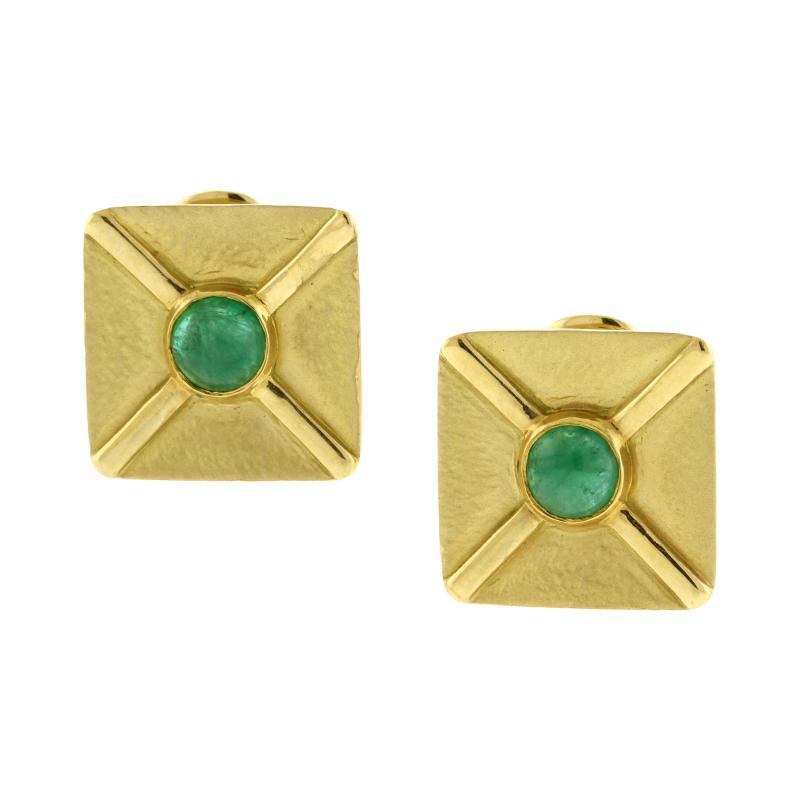 Andrew Clunn Andrew Clunn Square textured Gold Cabochon Emerald Ear Clips