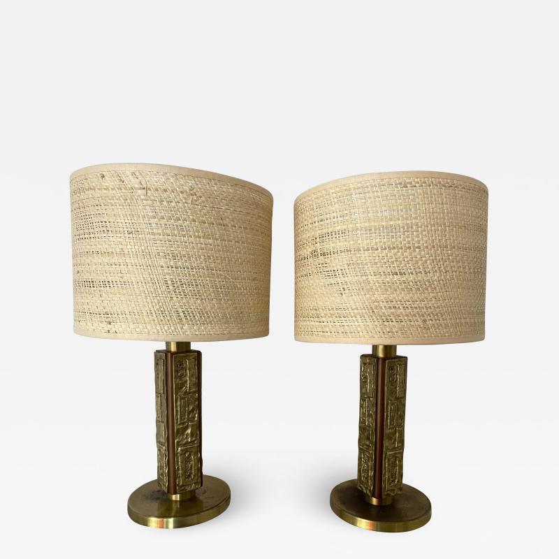 Angelo Brotto Pair of Brass and Wood Sculpture Lamps by Angelo Brotto for Esperia Italy 1970s