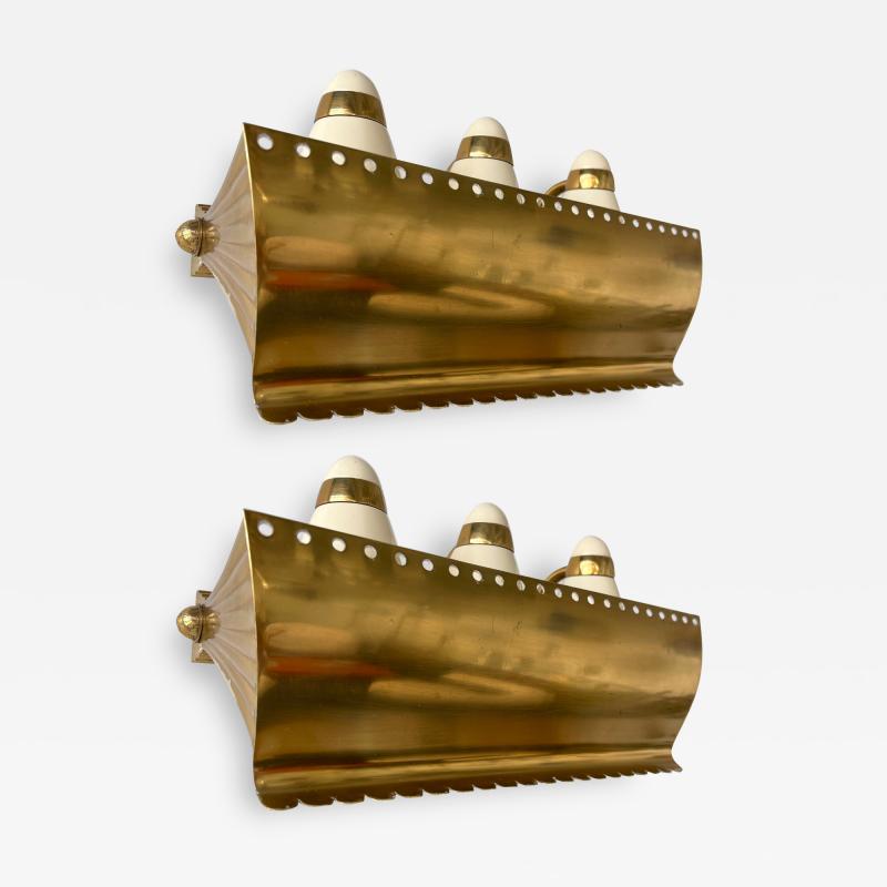 Angelo Lelli Lelii Mid Century Pair of Brass and Enamelled Metal Sconces Italy 1950s