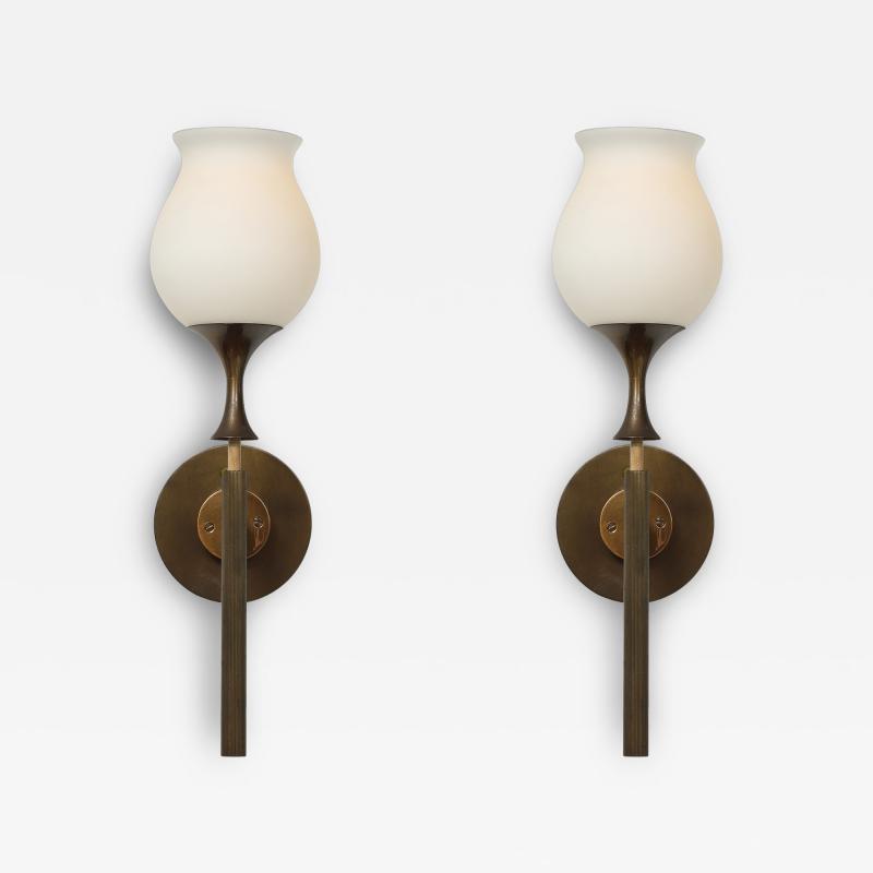 Angelo Lelli Lelii Rare Pair of Frosted Glass and Brass Sconces by Arredoluce