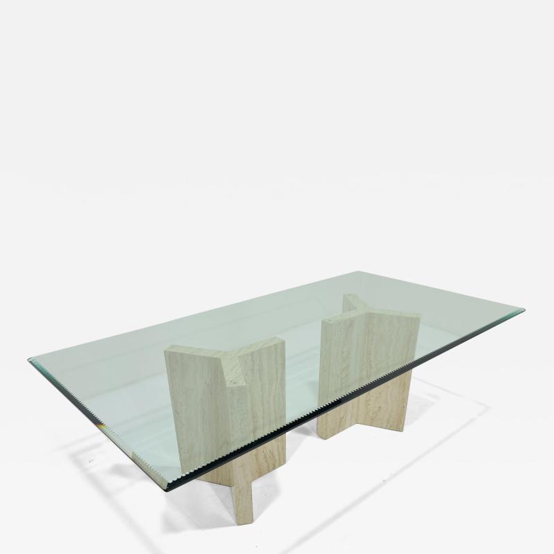 Angelo Mangiarotti Laser Cut Glass Top with Travertine Pedestals Dining Table