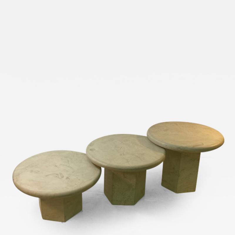 Angelo Mangiarotti MODERN TRIO OF ITALIAN ROUND TOP TRAVERTINE TABLES WITH OCTAGONAL PEDESTAL BASE