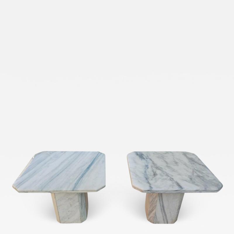 Angelo Mangiarotti Vintage Italian Post Modern Pair End or Side Tables White Marble Grey Veining