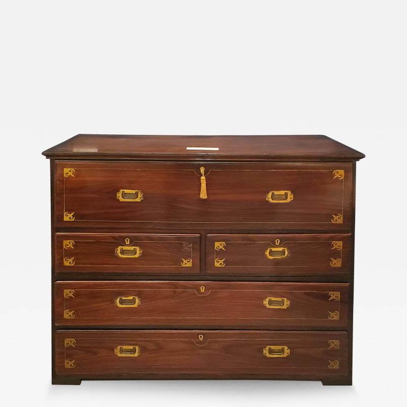 Anglo Indian Brass Inlaid Secretary Chest of Drawers