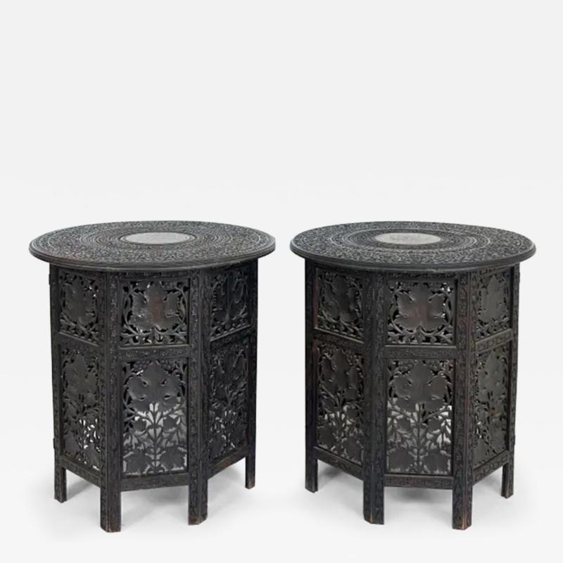 Anglo Indian Carved Pierced Inlaid Folding Campaign Tables Pair