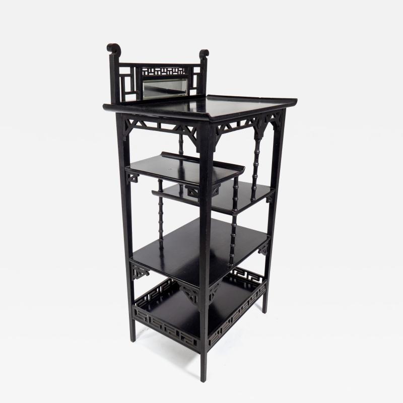 Anglo Japanese Ebonized Display Shelves with Pagoda Sides Fret Work Decoration