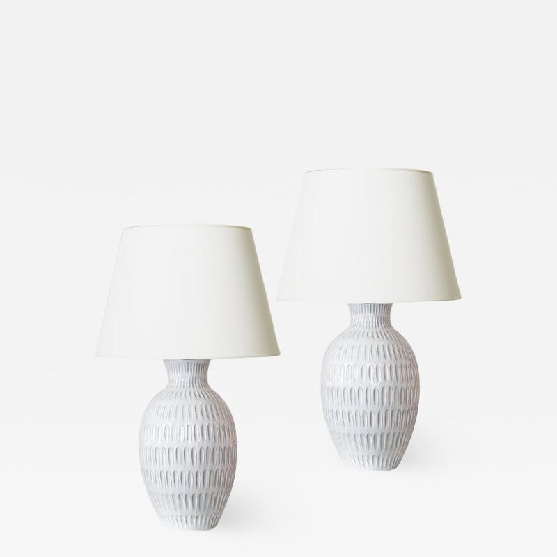 Anna Lisa Thomson Pair of tall Lamps with Gouged Pattern in White by Anna Lisa Thomson