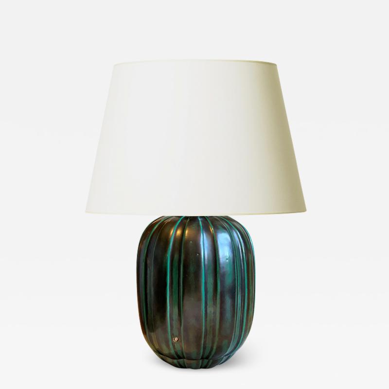 Anna Lisa Thomson Table lamp with Sculpted Fluting and Teal Glaze by Anna Lisa Thomson for Ekeby