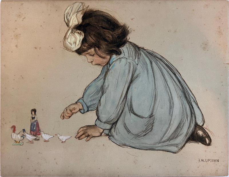 Anna Milo Upjohn Child Playing with Toy Birds and Doll School of Jessie Willcox Smith