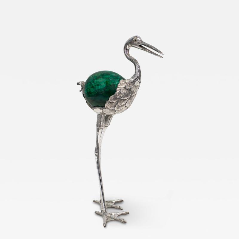 Anthony Redmile J Anthony Redmile Exotic Heron Sculpture with Inset Malachite Orb 1970s Signed 